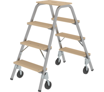 Escabeau acier-bois à roues fixes, 2 x 4 marches | © MUNK GmbH