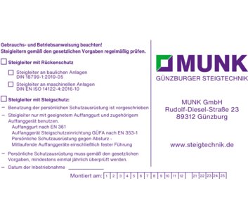 Identification plate f. fall protection device | © MUNK GmbH