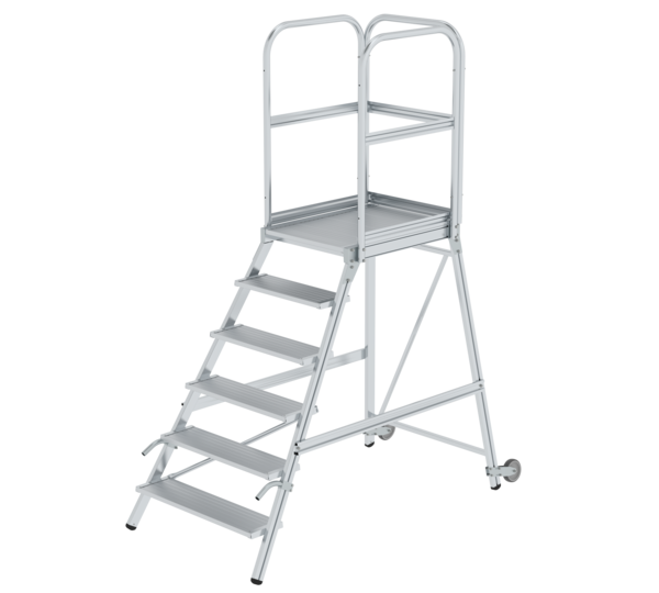 Platform stairs, with single-sided access, with castors and handles, grooved aluminium | © MUNK GmbH Plat.stairs, 1-sid.acc.w cast/handle gr.alum 6 st | © MUNK GmbH