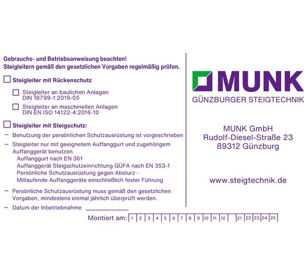 Identification plate f. fall protection device | © MUNK GmbH