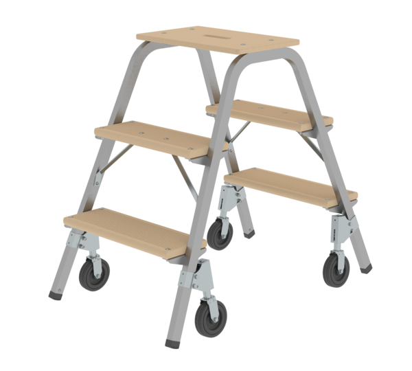 Escabeau acier-bois à roues fixes, 2 x 3 marches | © MUNK GmbH