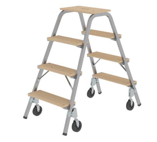 Escabeau acier-bois à roues fixes, 2 x 4 marches | © MUNK GmbH