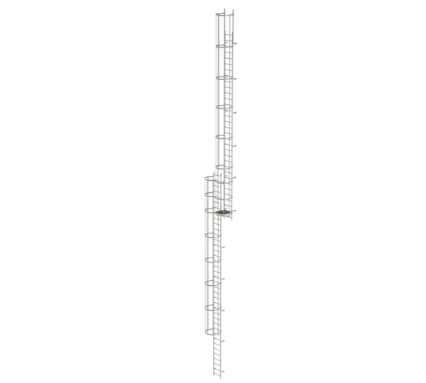 Échelle à crinoline à plusieurs sections (construction), acier inoxydable, 19,12 m | © MUNK GmbH Éch. crino plus. sect. av prot anti-ch inox 19,12m | © MUNK GmbH