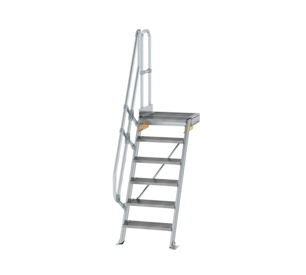 Stairs with 60° platform step width 600 mm 6 steps, grooved aluminium | © MUNK GmbH Stairs w. plat. 60° st. wid. 600 mm, 6 st, gr. alu | © MUNK GmbH
