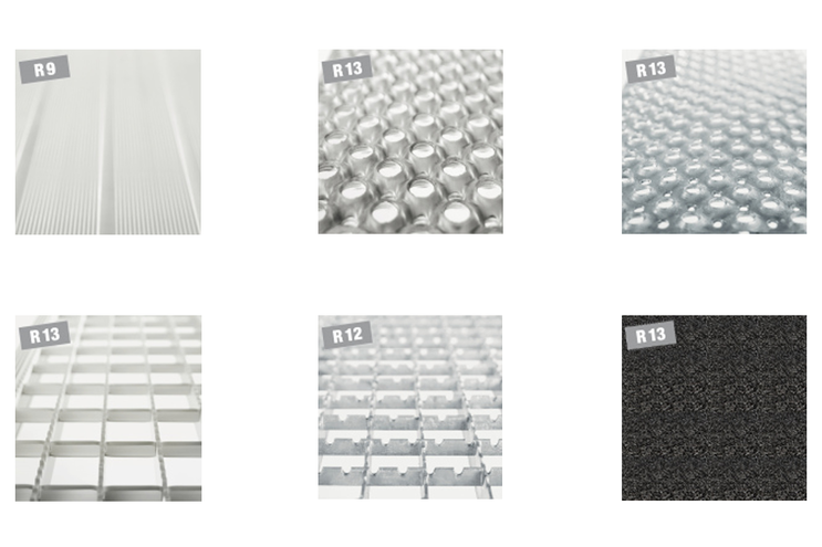 Wählbare Belag-Varianten: Aluminium geriffelt R9, Aluminium-Lochblech R13, Stahl-Lochblech R13, Aluminium-Gitterrost R13, Stahl-Gitterrost R12, Korund R13 | © MUNK GmbH