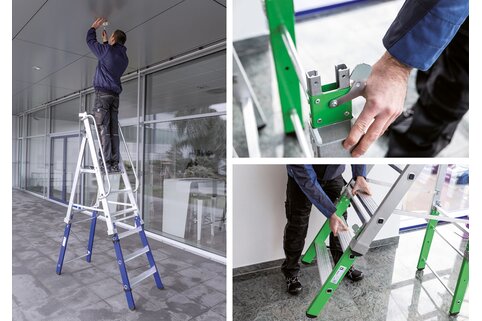 Grâce à des éléments enfichables disponibles en quatre longueurs, la nouvelle échelle à plate-forme enfichable de Günzburger Steigtechnik peut être étendue de manière flexible et être adaptée au cas par cas en différentes hauteurs.  | © MUNK GmbH