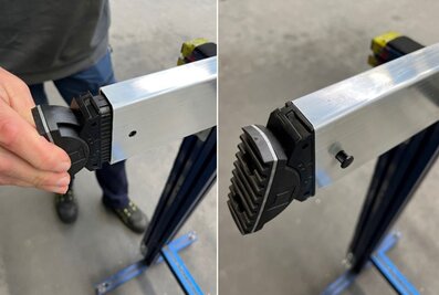 Thanks to a design change, ladder shoes at the Munk Group can now be placed in the ladder uprights without force and without tools and securely fixed with so-called tacking rivets. | © MUNK GmbH