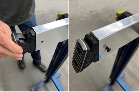 Dank einer konstruktiven Änderung können Leiterschuhe bei der Munk Group jetzt kraftlos und ohne Werkzeug in den Leiterholmen platziert und mit so genannten Heftnieten sicher fixiert werden. | © MUNK GmbH