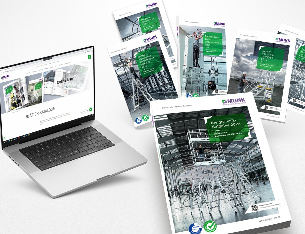 More access equipment is not possible: The access solutions guide 2023 from Munk Günzburger Steigtechnik is available in print and digital versions. The different product ranges are also presented in matching individual brochures. | © MUNK GmbH