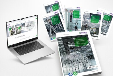 More access equipment is not possible: The access solutions guide 2023 from Munk Günzburger Steigtechnik is available in print and digital versions. The different product ranges are also presented in matching individual brochures. | © MUNK GmbH