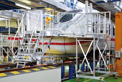 Les plates-formes de travail frontales modulaires avec adaptation des contours sécurisent le technicien et le véhicule pendant les travaux de maintenance à l'avant du train. | © MUNK GmbH
