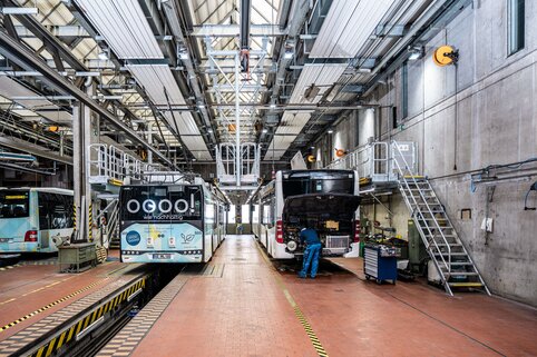 Les plates-formes de travail à réglage électrique ou manuel de Munk Günzburger Steigtechnik garantissent efficacité et sécurité lors de la maintenance des bus. | © MUNK GmbH