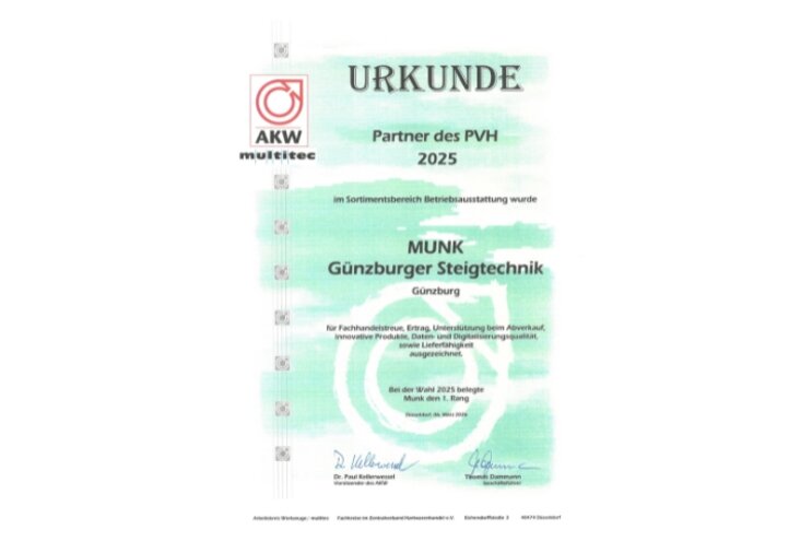 Eine DIN-A4 Urkunde der PVH Wahl 2025. MUNK Group erzielt ersten Platz in der Kategorie Betriebsausstattung. | © MUNK GmbH