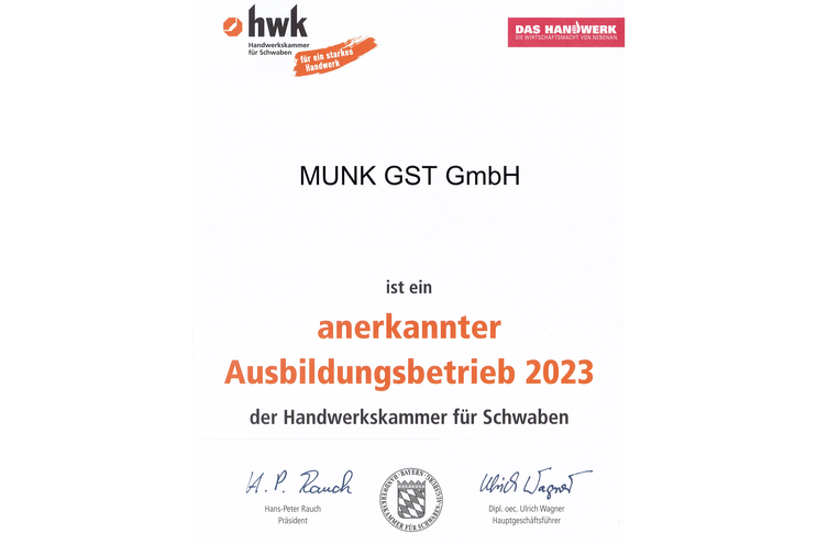 Entreprise de formation reconnue par la Chambre des métiers pour la Souabe | © MUNK GmbH